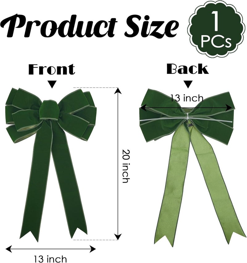 LiBongTa 13" Moss Green Bow Pre-Tied Bow for Christmas Tree, Green Velvet Ribbon Bows for Wreaths, Premade Tree Toppers Bows for Gift Wrapping, Party Favor, Christmas Home Indoor Outdoor Decor-1 Count - Image 2
