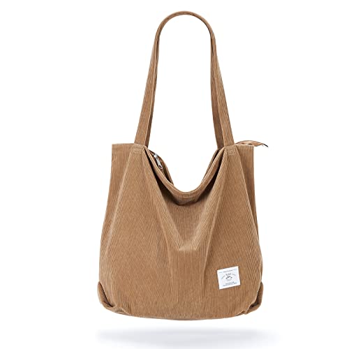 KALIDI FANCY FOREST KALIDI Women Corduroy Tote Bag Casual Tote's Handbag Big Capacity Shoulder Bag with Pockets Zippers (Khaki) - Image 1