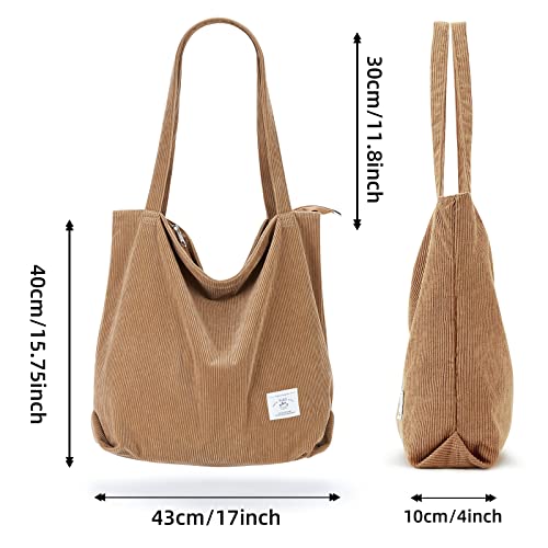 KALIDI FANCY FOREST KALIDI Women Corduroy Tote Bag Casual Tote's Handbag Big Capacity Shoulder Bag with Pockets Zippers (Khaki) - Image 4