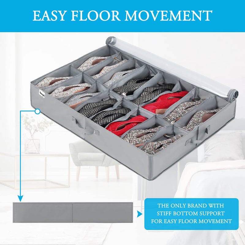 INAYA Under Bed Shoe Storage Organizer 2 Pack, Fits 32 Pairs, Large Underbed Shoe Box Storage Containers, Clear Foldable Shoes Organizer Under the Bed Sturdy Structure with Hard Bottom Support - Image 2