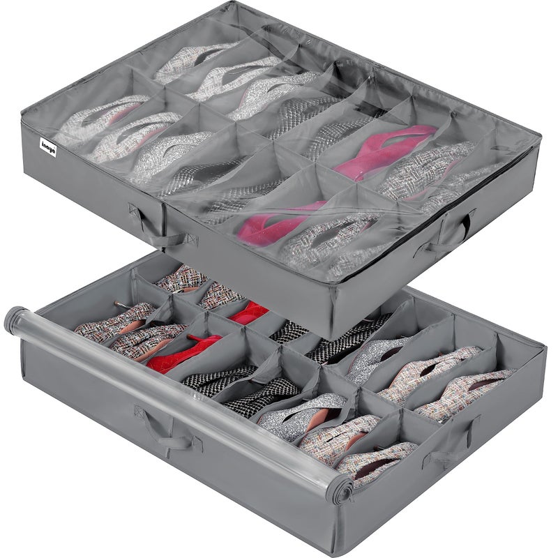 INAYA Under Bed Shoe Storage Organizer 2 Pack, Fits 32 Pairs, Large Underbed Shoe Box Storage Containers, Clear Foldable Shoes Organizer Under the Bed Sturdy Structure with Hard Bottom Support - Image 1