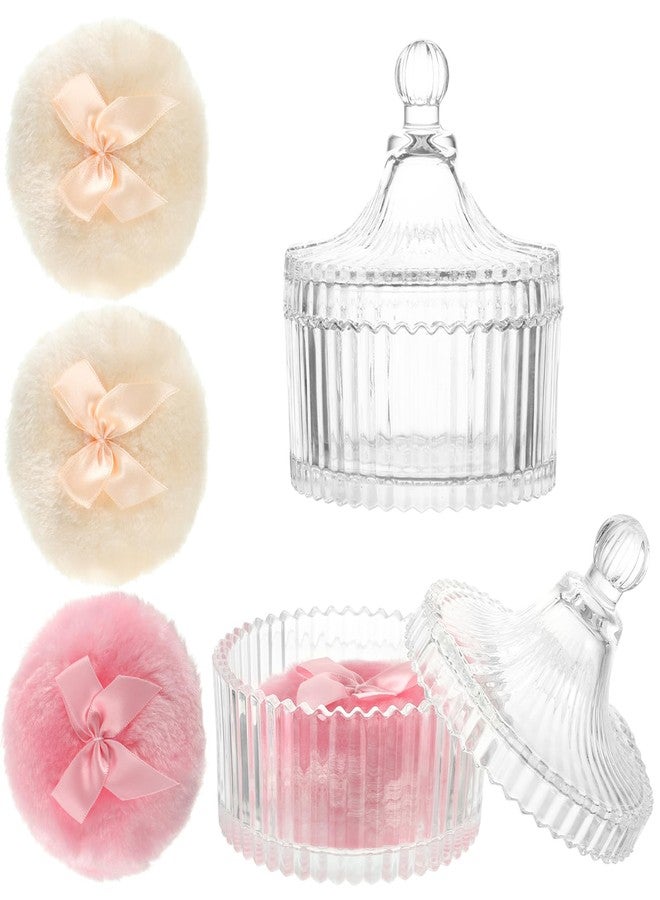 YEXEXINM 6 PCS Large Body Powder Puff and Container, 2 Pack 5.3" Body Powder Container with 4 Powder Puff,Washable Large Body Powder Puff Dish,Powder Puff Crystal Container,Soft Velour Face Body Powder Puff - Image 1