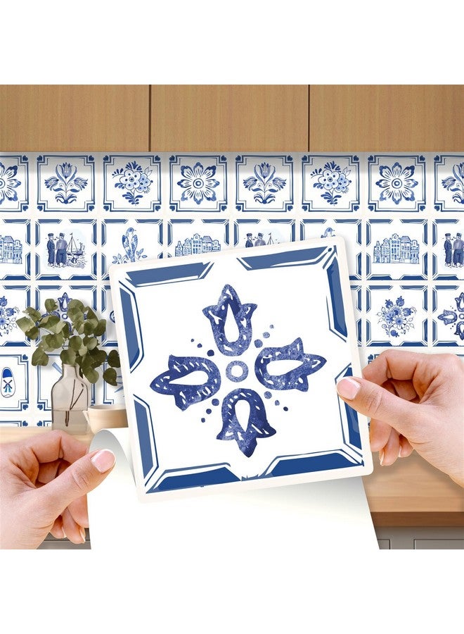 WALPLUS 24pcs 6" Peel and Stick Vinyl Backsplash Tiles Stickers Tile Paint Removable Waterproof Self-Adhesive Decals Vinyl Home Kitchen Bathroom Spring Easter Decoration Dutch Blue - Image 1