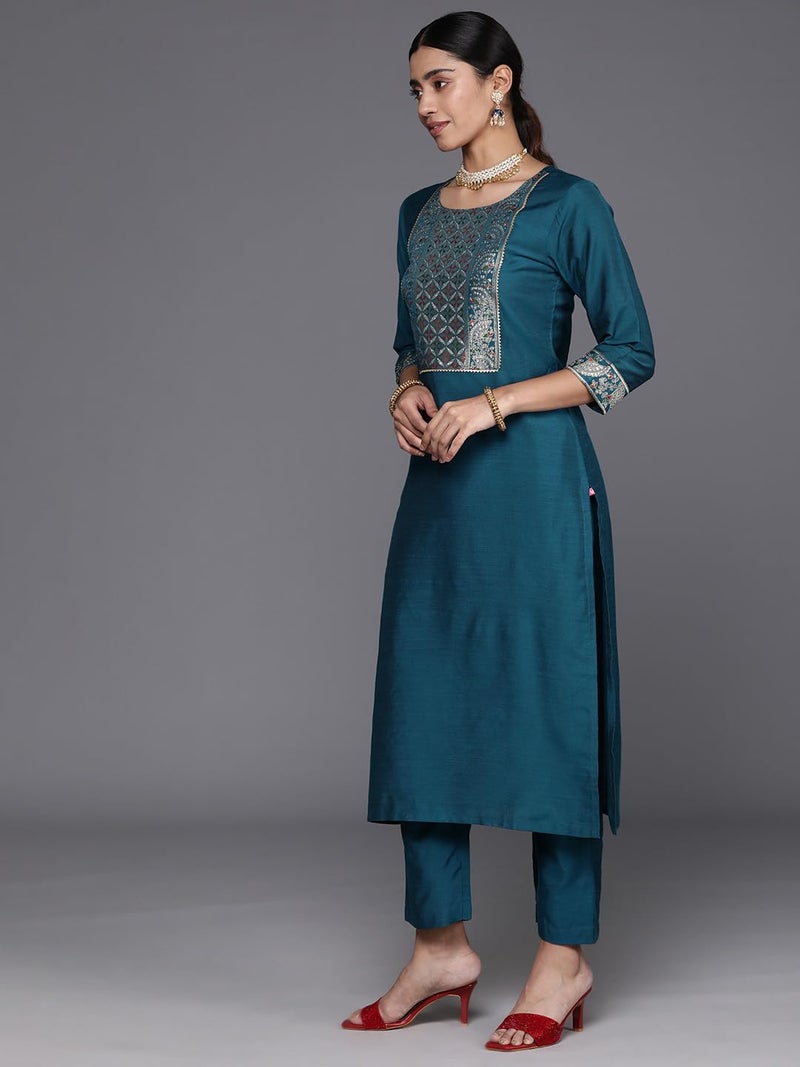 Varanga Women Teal And Gold Silk Kurta With Woven Yoke And Fully Elasticated Trouser With Printed Bhagalpuri Dupatta - Image 2