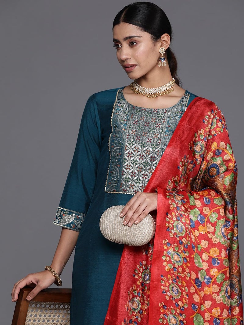 Varanga Women Teal And Gold Silk Kurta With Woven Yoke And Fully Elasticated Trouser With Printed Bhagalpuri Dupatta - Image 5