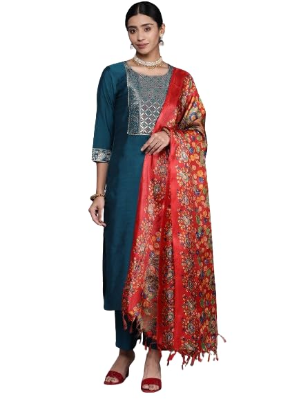 Varanga Women Teal And Gold Silk Kurta With Woven Yoke And Fully Elasticated Trouser With Printed Bhagalpuri Dupatta - Image 3