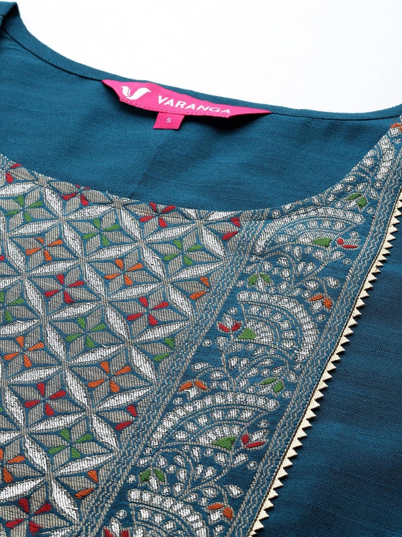 Varanga Women Teal And Gold Silk Kurta With Woven Yoke And Fully Elasticated Trouser With Printed Bhagalpuri Dupatta - Image 4
