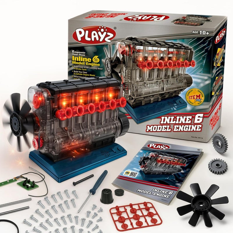 Playz Inline 6 Engine Model Kit - Build Your Own STEM Inline 6 Small Engine That Runs Kit for Adults & Kids Age 10-12+, Visible Inline 6 Mini Engine Kit That Works for Adult w/ 230 STEM Parts - Image 1