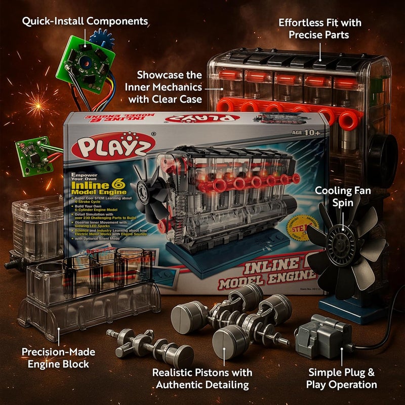 Playz Inline 6 Engine Model Kit - Build Your Own STEM Inline 6 Small Engine That Runs Kit for Adults & Kids Age 10-12+, Visible Inline 6 Mini Engine Kit That Works for Adult w/ 230 STEM Parts - Image 3
