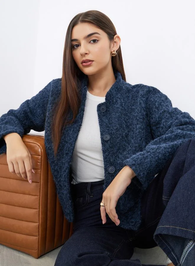 Styli Navy Blue Regular Fit Boiled Wool Trucker Jacket