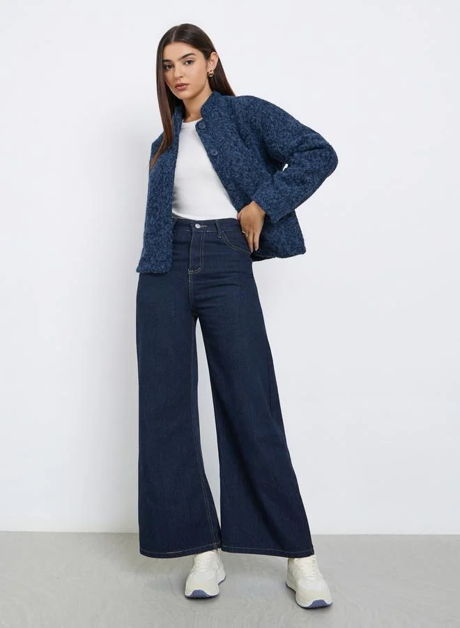 Styli Styli Navy Blue Regular Fit Boiled Wool Trucker Jacket