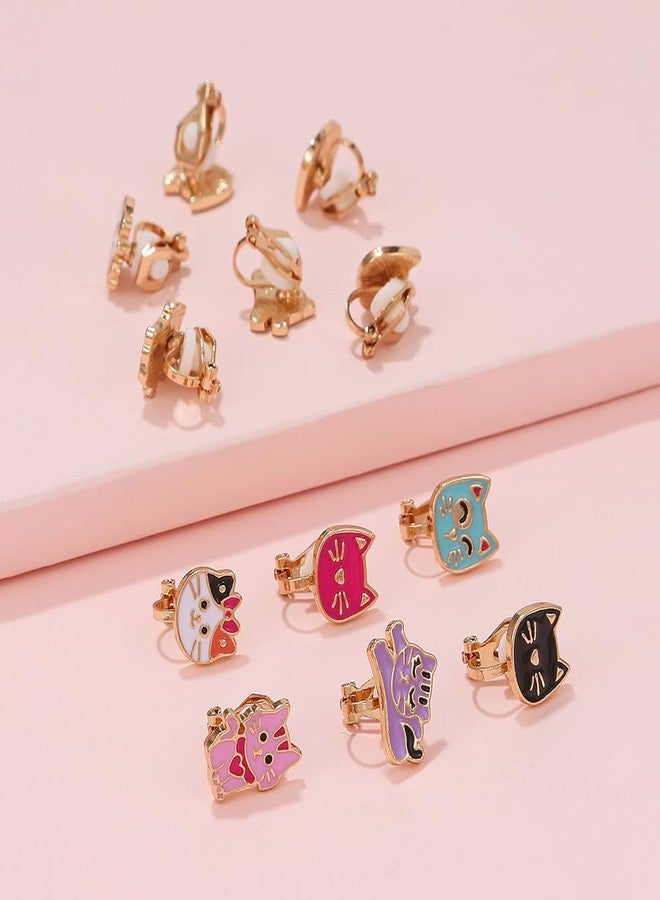 DATOA 6 Pairs Set Cute Dinosaur Cat Clip Earrings for Women Funny Enamel Animals Harajuku Non Piercing Fake Stud Earrings Set - Cat - Image 3