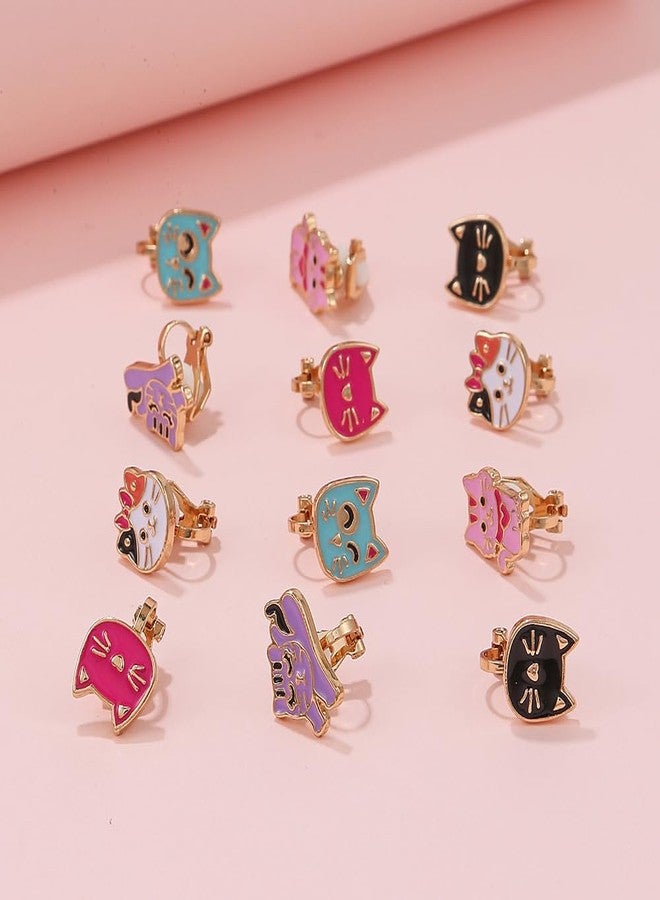DATOA 6 Pairs Set Cute Dinosaur Cat Clip Earrings for Women Funny Enamel Animals Harajuku Non Piercing Fake Stud Earrings Set - Cat - Image 2