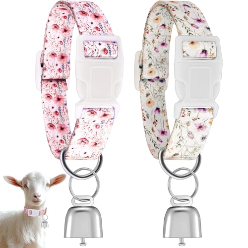 Yeyeplum 2 Pack Goat Collars with Bells, Sheep Grazing Copper Bells and Adjustable Nylon Collar Set Loud Bronze Bell Small Farm Animal Sheep Cow Accessories(White, Pink,Floral Pattern) - Image 1