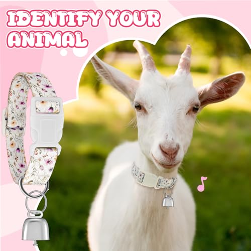 Yeyeplum 2 Pack Goat Collars with Bells, Sheep Grazing Copper Bells and Adjustable Nylon Collar Set Loud Bronze Bell Small Farm Animal Sheep Cow Accessories(White, Pink,Floral Pattern) - Image 5