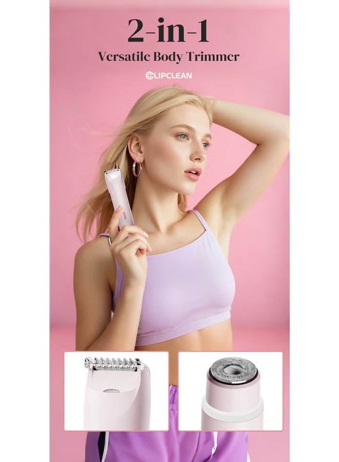 CLIPCLEAN Bikini Trimmer for Women, 2-in-1 Women's Electric Razors with Dual Heads for Travel, IPX4 Waterproof Pubic Hair Remover for Underarm, Legs & Bikini Area, Painless Razor, Pink - Image 2