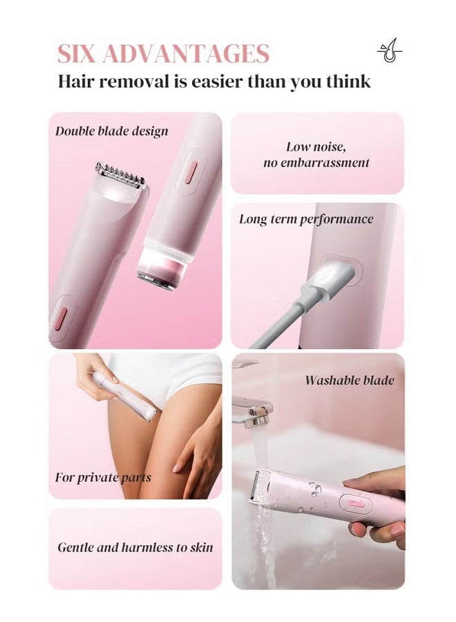 CLIPCLEAN Bikini Trimmer for Women, 2-in-1 Women's Electric Razors with Dual Heads for Travel, IPX4 Waterproof Pubic Hair Remover for Underarm, Legs & Bikini Area, Painless Razor, Pink - Image 3