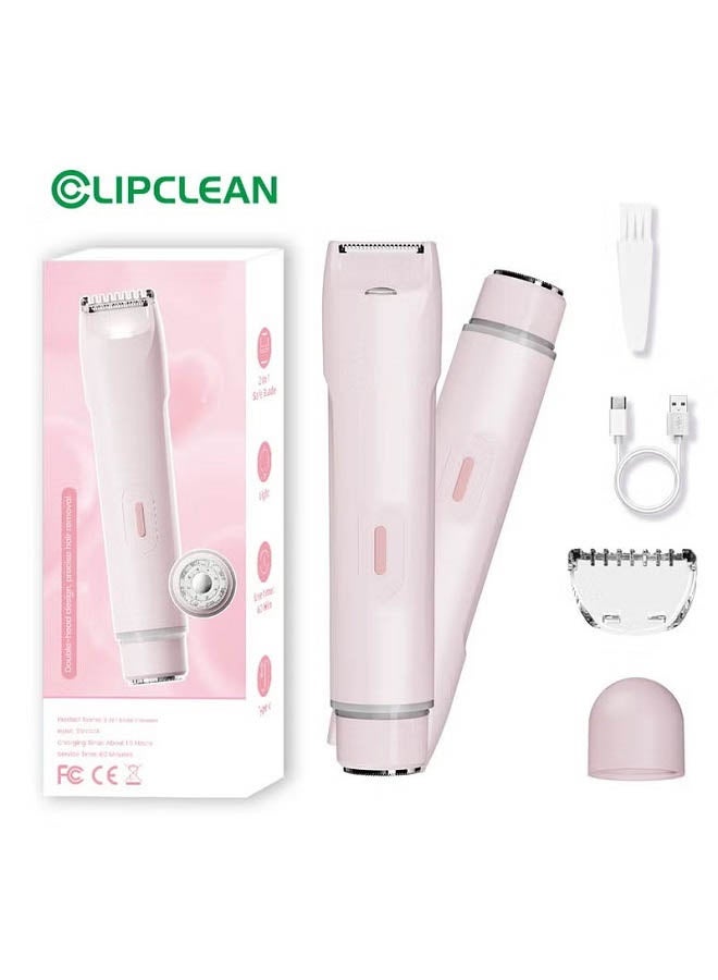 CLIPCLEAN Bikini Trimmer for Women, 2-in-1 Women's Electric Razors with Dual Heads for Travel, IPX4 Waterproof Pubic Hair Remover for Underarm, Legs & Bikini Area, Painless Razor, Pink - Image 1