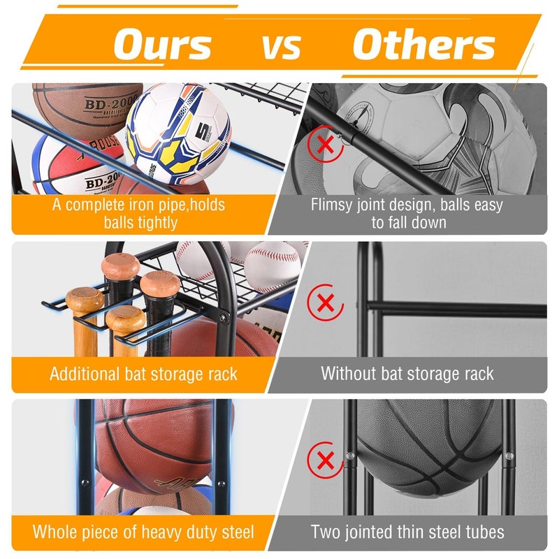 PLKOW Basketball Rack, Rolling Ball Storage with Baseball Bat Holder and Hooks, Sports Equipment Storage with Wheels for Volleyball, Football and Basketball Accessories, Powder Coated Steel - Image 3