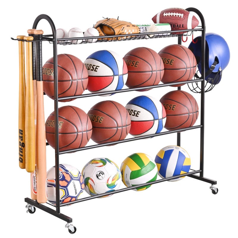PLKOW Basketball Rack, Rolling Ball Storage with Baseball Bat Holder and Hooks, Sports Equipment Storage with Wheels for Volleyball, Football and Basketball Accessories, Powder Coated Steel - Image 1