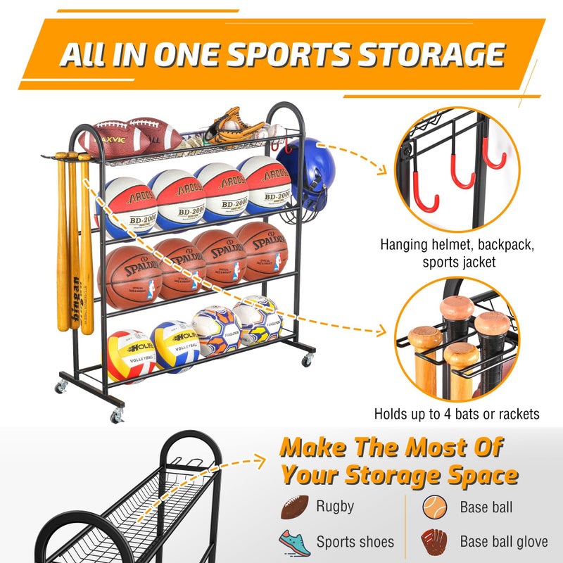 PLKOW Basketball Rack, Rolling Ball Storage with Baseball Bat Holder and Hooks, Sports Equipment Storage with Wheels for Volleyball, Football and Basketball Accessories, Powder Coated Steel - Image 2
