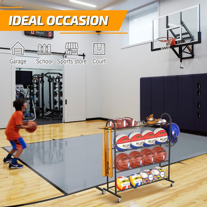 PLKOW Basketball Rack, Rolling Ball Storage with Baseball Bat Holder and Hooks, Sports Equipment Storage with Wheels for Volleyball, Football and Basketball Accessories, Powder Coated Steel - Image 5