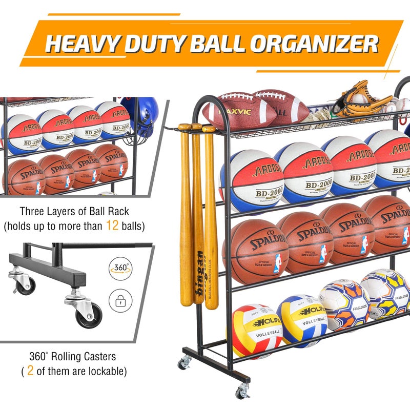 PLKOW Basketball Rack, Rolling Ball Storage with Baseball Bat Holder and Hooks, Sports Equipment Storage with Wheels for Volleyball, Football and Basketball Accessories, Powder Coated Steel - Image 4