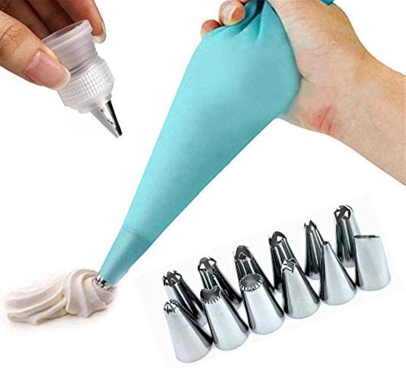 Silicone Piping Bags and Nozzle Set - 14 Pcs Icing Cream Pastry Bag for Cake Decorating