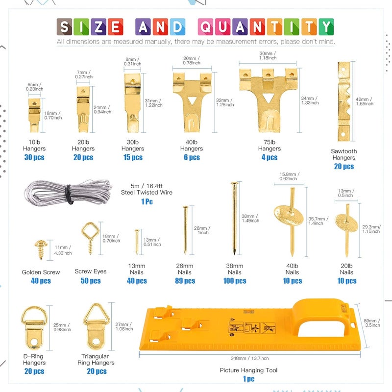 Glarks 307Pcs Picture Hanging Kit, Picture Frame Hanger Tool with Level Ruler and 306Pcs Nails, Hooks, Hanging Wire, Screw Eyes, D Ring and Sawtooth Hanger for Frame Hanging Wall Mounting - Image 2