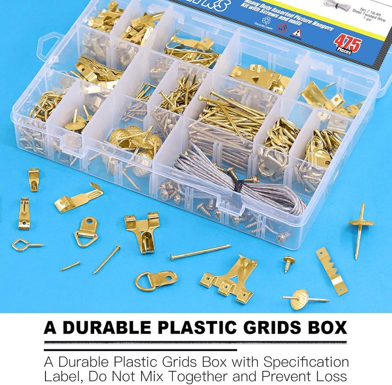 Glarks 307Pcs Picture Hanging Kit, Picture Frame Hanger Tool with Level Ruler and 306Pcs Nails, Hooks, Hanging Wire, Screw Eyes, D Ring and Sawtooth Hanger for Frame Hanging Wall Mounting - Image 5