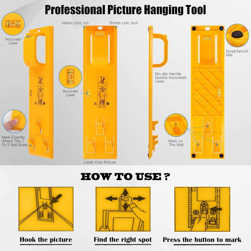 Glarks 307Pcs Picture Hanging Kit, Picture Frame Hanger Tool with Level Ruler and 306Pcs Nails, Hooks, Hanging Wire, Screw Eyes, D Ring and Sawtooth Hanger for Frame Hanging Wall Mounting - Image 3