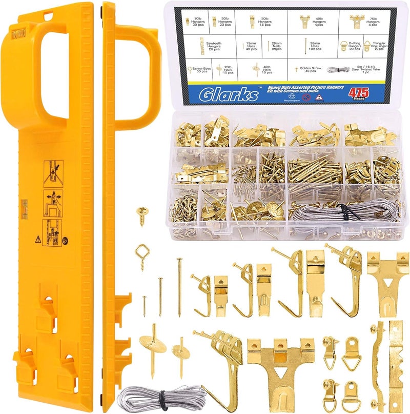 Glarks 307Pcs Picture Hanging Kit, Picture Frame Hanger Tool with Level Ruler and 306Pcs Nails, Hooks, Hanging Wire, Screw Eyes, D Ring and Sawtooth Hanger for Frame Hanging Wall Mounting - Image 1
