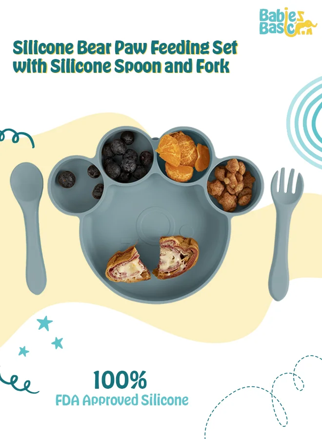 Babies Basic Feeding Set, 3 Piece,Bear Paw Silicone Set For Self Feeding, Silicone Suction Plate With Silicone Spoon And Fork- Indigo