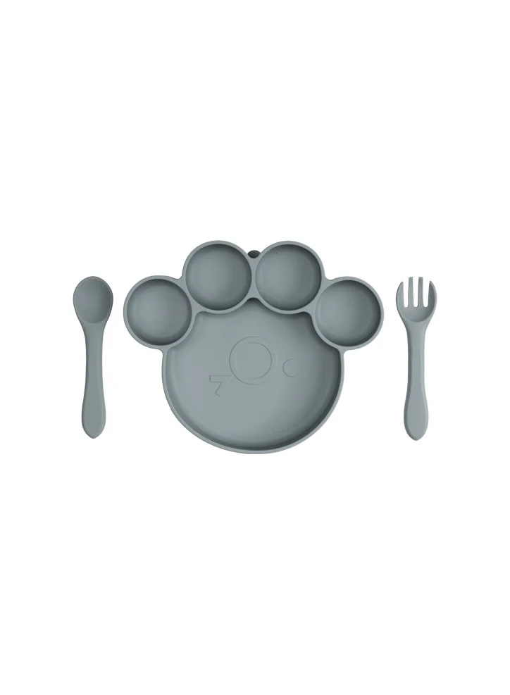 Babies Basic Feeding Set, 3 Piece,Bear Paw Silicone Set For Self Feeding, Silicone Suction Plate With Silicone Spoon And Fork- Indigo