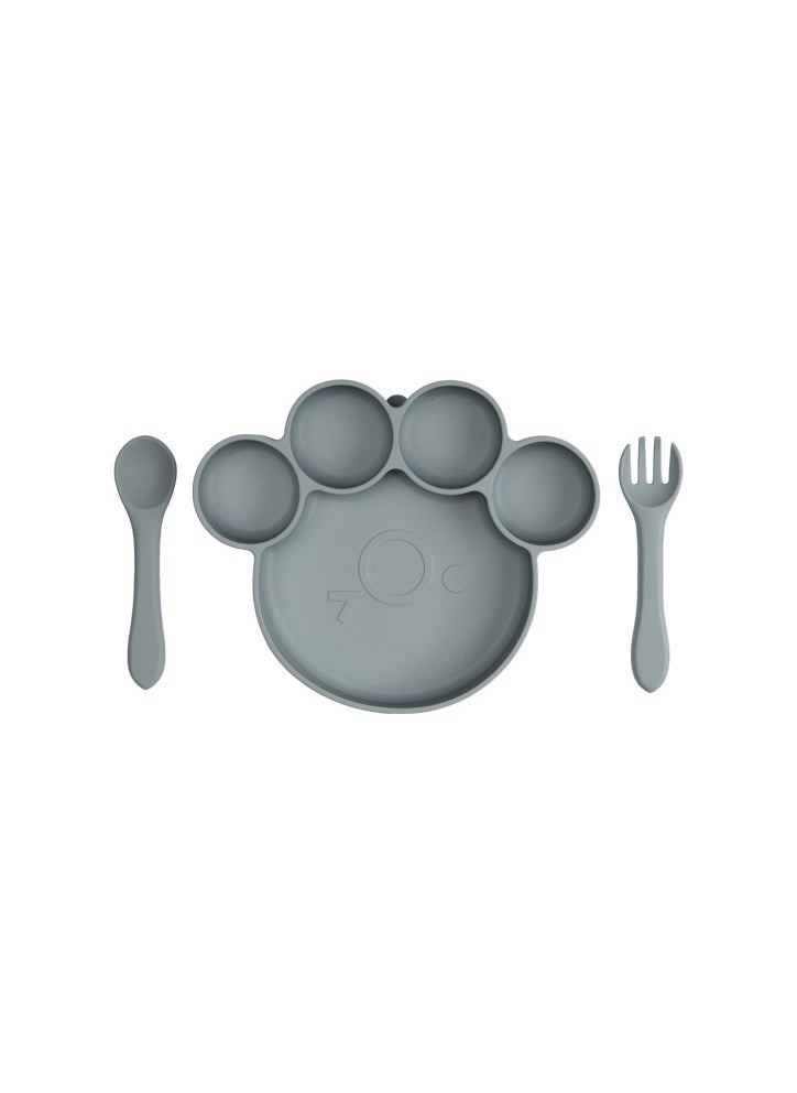 Babies Basic Feeding Set, 3 Piece,Bear Paw Silicone Set For Self Feeding, Silicone Suction Plate With Silicone Spoon And Fork- Indigo  - Image 1
