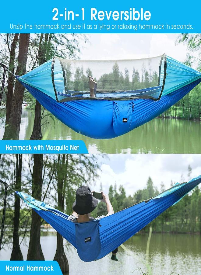 G4Free Large Camping Hammock With Mosquito Net 2 Person Pop-Up Parachute Lightweight Hanging Hammocks Tree Straps Swing Hammock Bed For Outdoor Backpacking Backyard Hiking (Blue/Light Blue) - Image 2