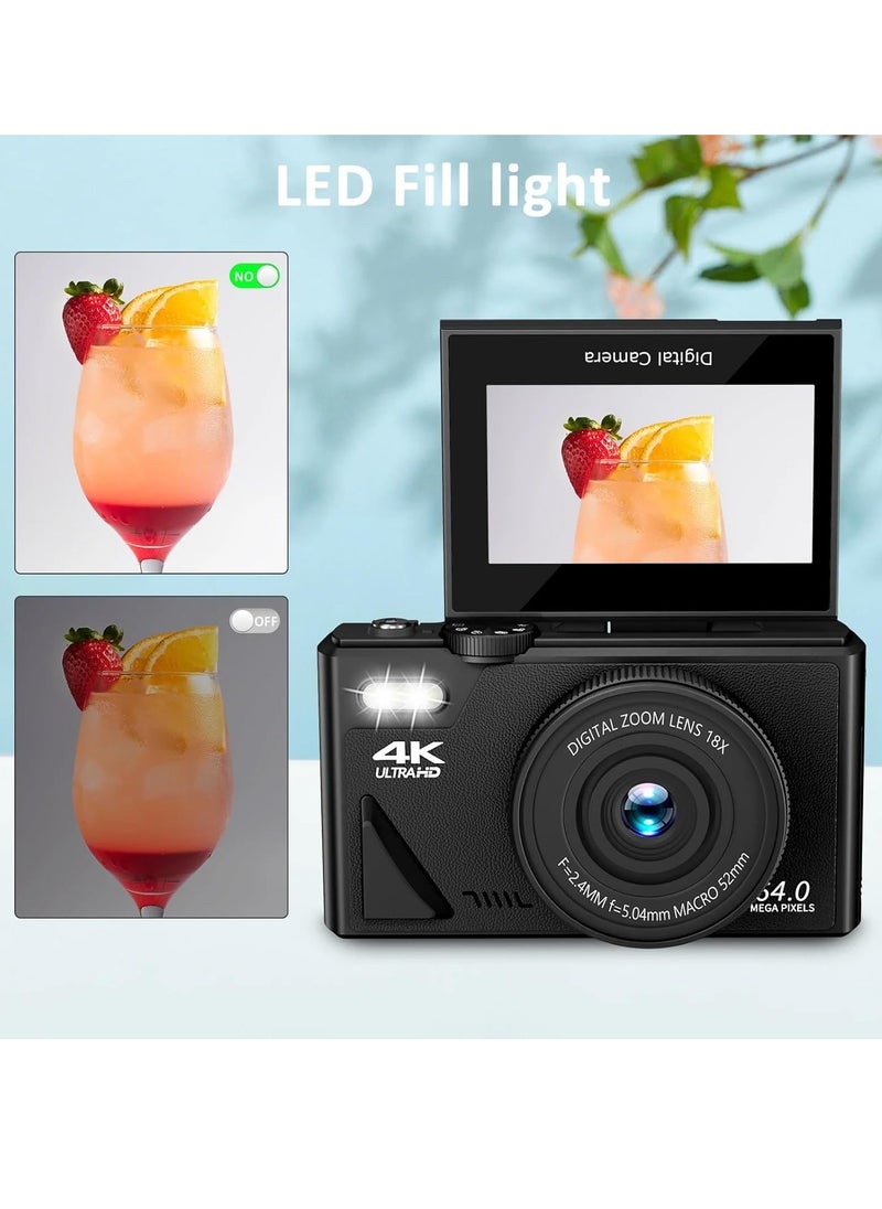 4K Digital Camera for Photography  Video: 64MP Vlogging Camera, 180° Flip Screen Digital Point and Shoot Camera, 16X Zoom Compact Camera for Beginners, with 32GB SD Card