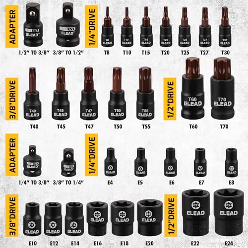 ELEAD 31-Piece Torx Bit Socket Set: Premium CR-V & S2 Alloy Steel, Star T8-T70 & E-Torx E4-E24, High Torque Laser Marked for Automotive Mechanic - Image 5