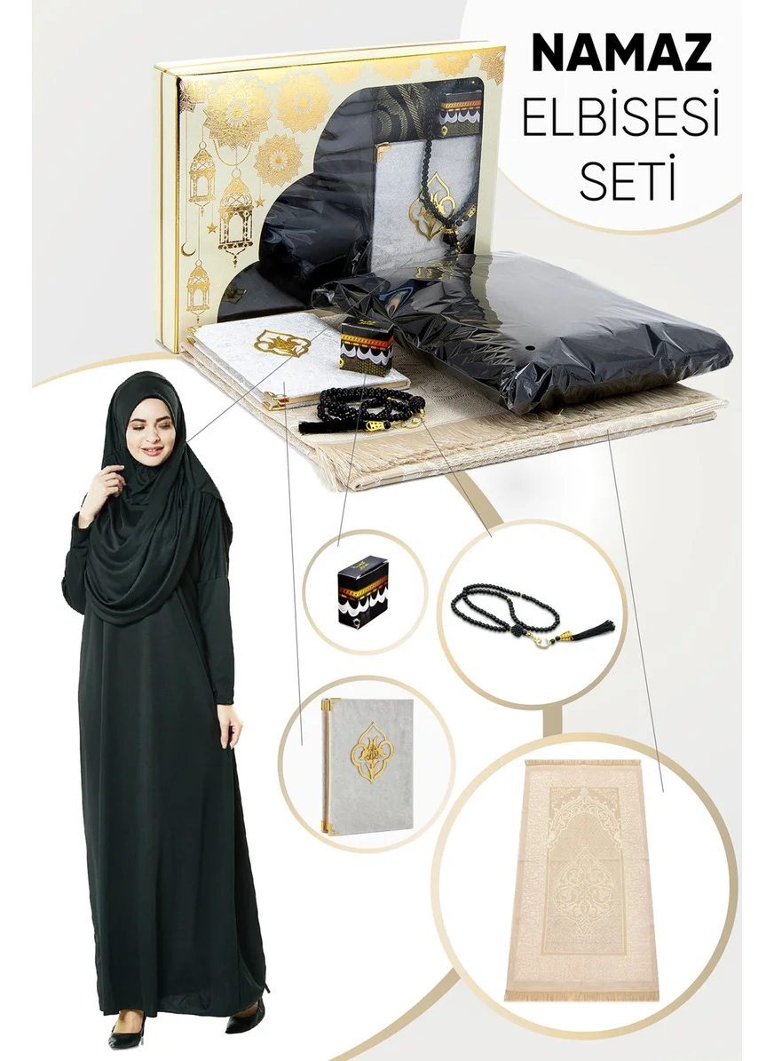 İhvan Online Practical One-Piece Prayer Dress with Headscarf and Prayer Rug Set Black