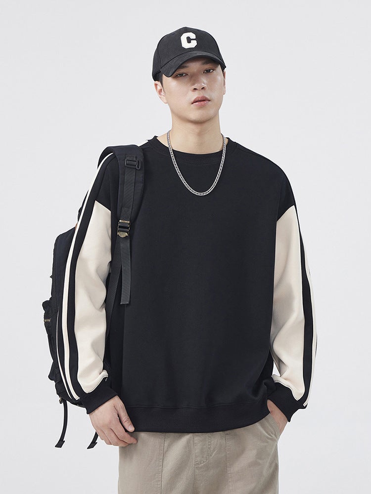 Contrast Color Stitching Sweater Men'S Round Neck Long Sleeve T-Shirt Men'S Trendy Brand Youth Shoulder Sleeve Sports Base Shirt T - Image 2