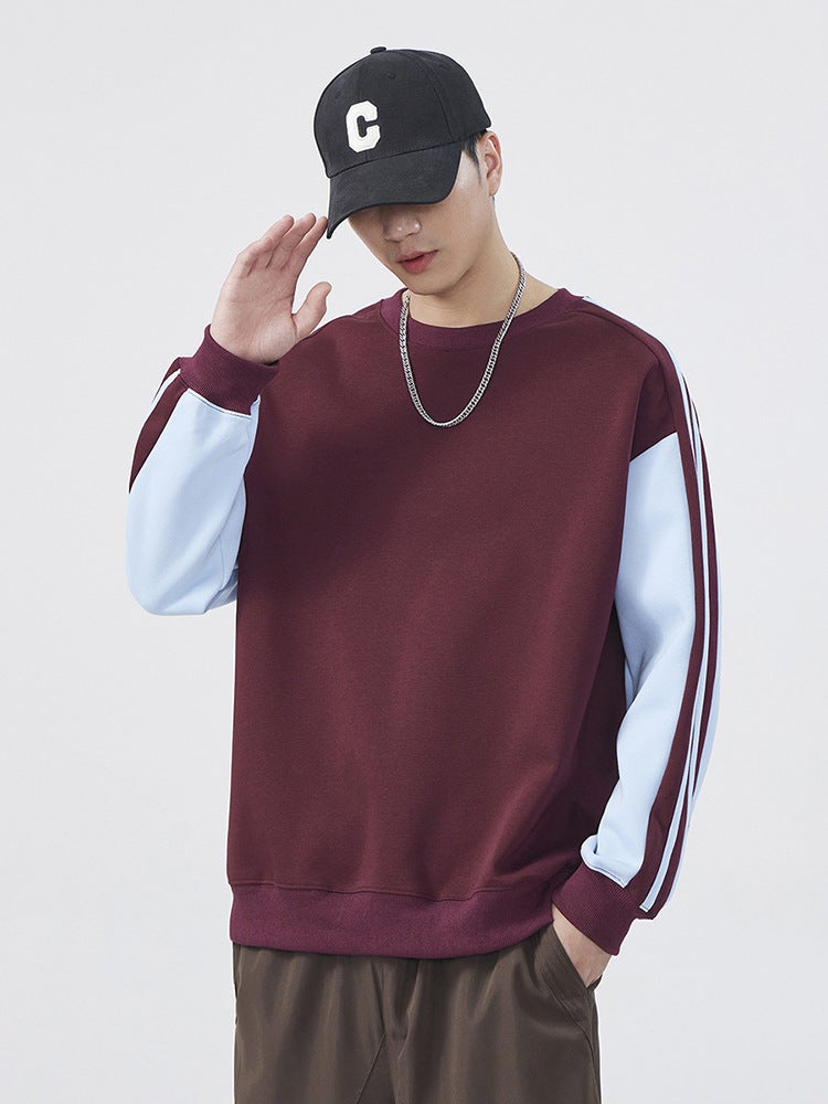 Contrast Color Stitching Sweater Men'S Round Neck Long Sleeve T-Shirt Men'S Trendy Brand Youth Shoulder Sleeve Sports Base Shirt T - Image 3