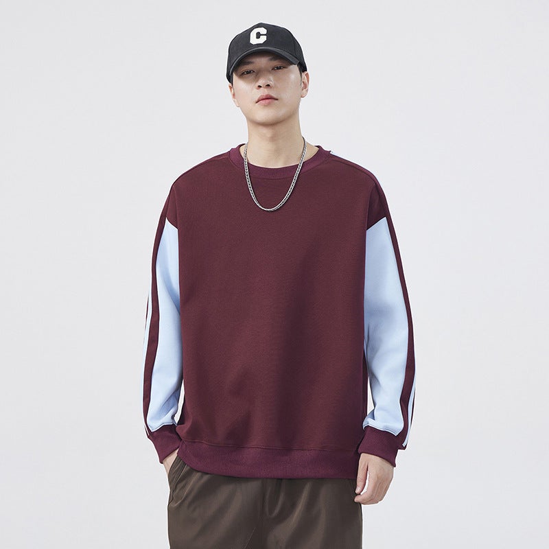 Contrast Color Stitching Sweater Men'S Round Neck Long Sleeve T-Shirt Men'S Trendy Brand Youth Shoulder Sleeve Sports Base Shirt T - Image 1