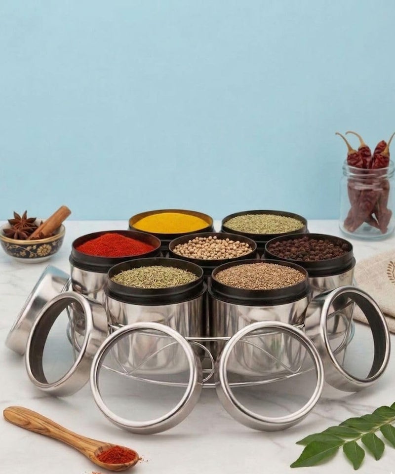 Maru Stainless Steel 7-in-1 Kitchen Storage Container Set with Round Wire Stand–350ml Multipurpose Containers with Durable See-Through Threaded Lids, Ideal for Organizing Spices, Herbs, and Dry Fruits - Image 1