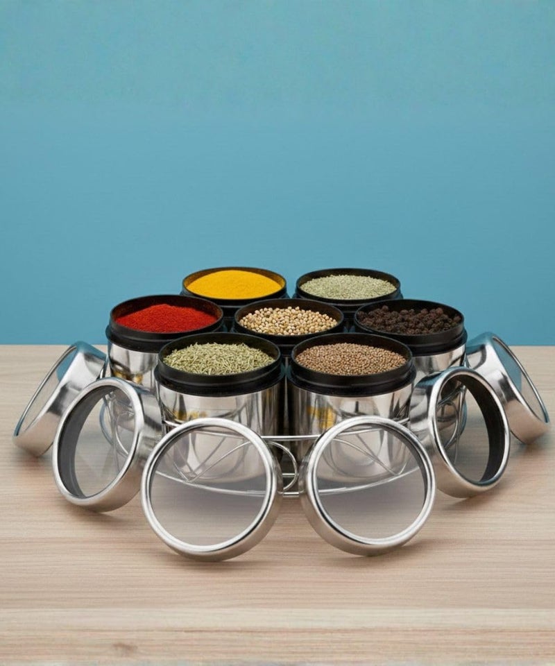 Maru Stainless Steel 7-in-1 Kitchen Storage Container Set with Round Wire Stand–350ml Multipurpose Containers with Durable See-Through Threaded Lids, Ideal for Organizing Spices, Herbs, and Dry Fruits - Image 5