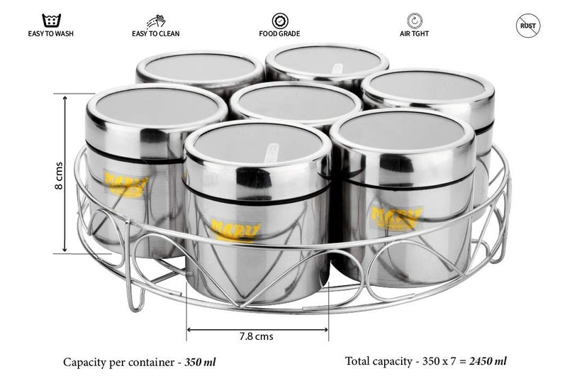 Maru Stainless Steel 7-in-1 Kitchen Storage Container Set with Round Wire Stand–350ml Multipurpose Containers with Durable See-Through Threaded Lids, Ideal for Organizing Spices, Herbs, and Dry Fruits - Image 2