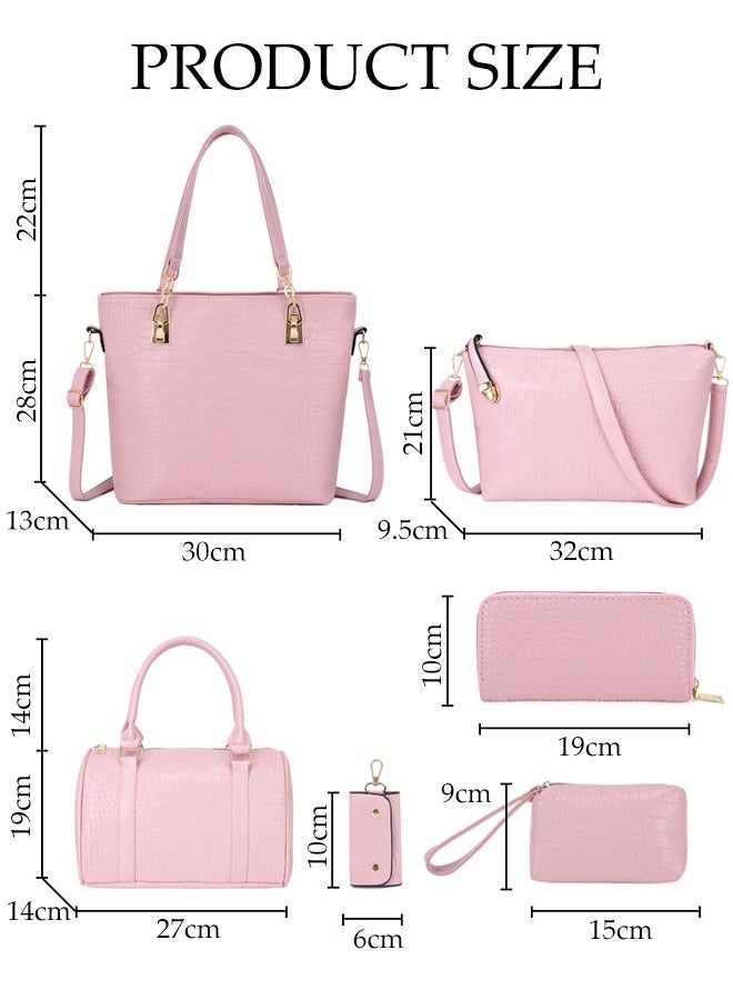 DUNISO 6-Piece Soft Handle Pu Crocodile Pattern Women's Bag, Including Handbag, Shoulder Bag, Wallet, Mother And Child Bag, Women's Mini Wallet, Pink - Image 2
