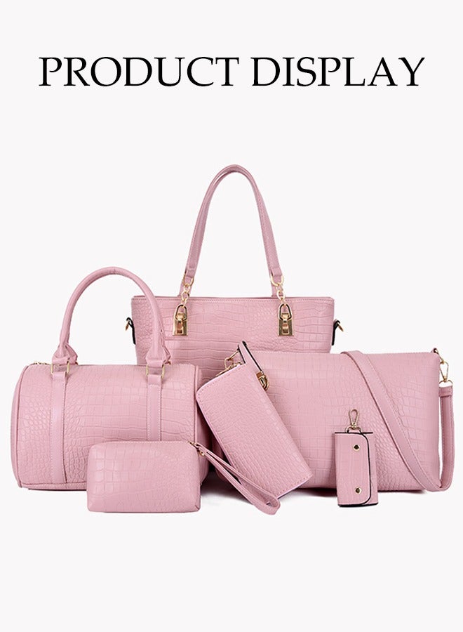DUNISO 6-Piece Soft Handle Pu Crocodile Pattern Women's Bag, Including Handbag, Shoulder Bag, Wallet, Mother And Child Bag, Women's Mini Wallet, Pink - Image 3