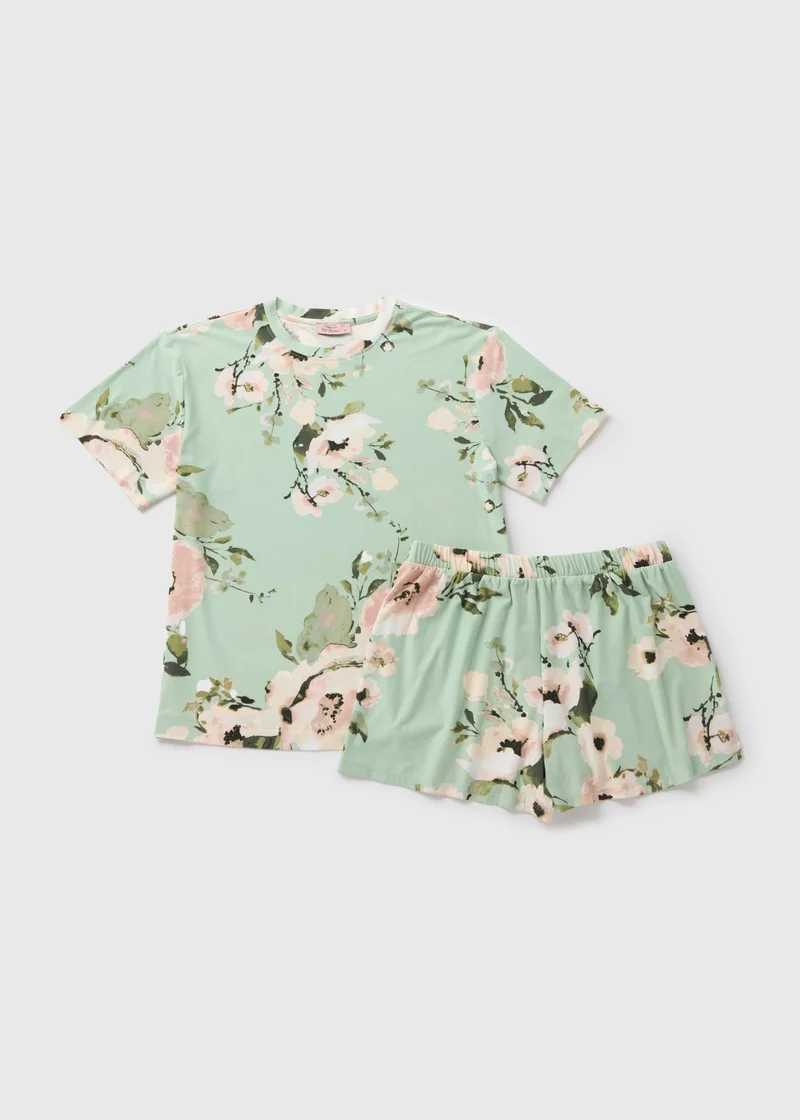 Matalan Sage Green Floral Soft Touch Shorts Pyjama Set