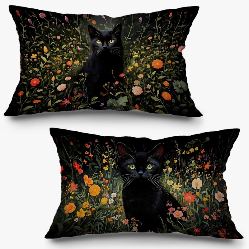 Exqcom Moody Wildflower Black Cat Pillow Covers 12x20 Set of 2, Black Cat Decor, Dark Green Cottagecore Botanical Floral Kitten Decorative Lumbar Pillow Covers for Home Bedroom Living Room - Image 1