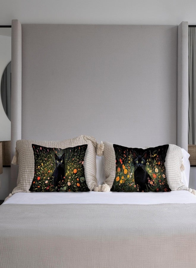 Exqcom Moody Wildflower Black Cat Pillow Covers 12x20 Set of 2, Black Cat Decor, Dark Green Cottagecore Botanical Floral Kitten Decorative Lumbar Pillow Covers for Home Bedroom Living Room - Image 4